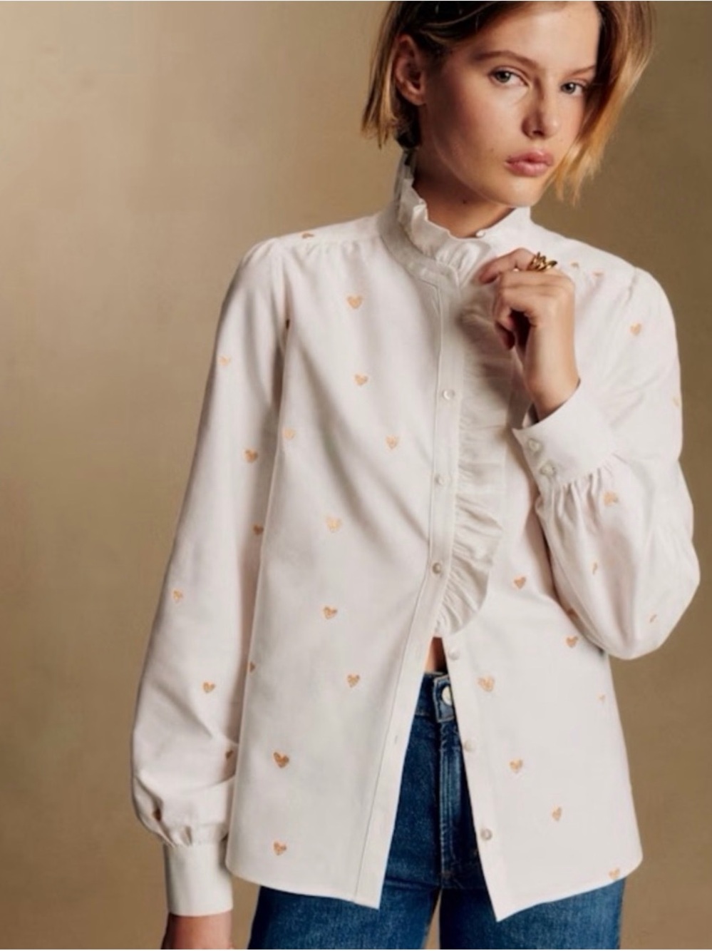 Sezane Chlo Shirt White w Gold Heart Embroidery Button Up Blouse Sz 44